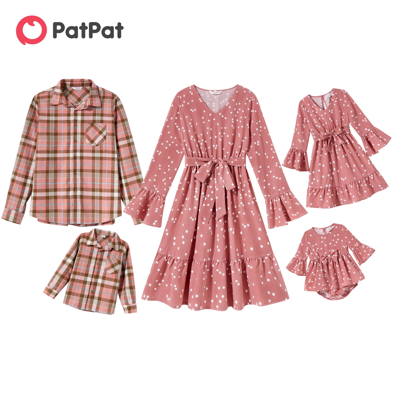 

PatPat Family Matching Outfits Polka Dot Print V Neck Belted Ruffle Hem Bell Sleeve Dresses and Plaid Shirts Sets