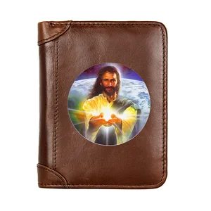 Luxury Vintage God Jesus Printing Genuine Leather Men Wallet Classic Pocket Slim Card Holder Male Sh in Pakistan