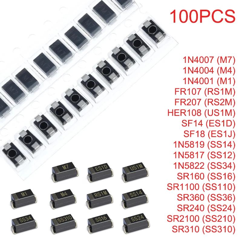100 шт. M7 M4 M1 RS1M RS2M US1M ES1D ES1J SMA Шоттки Диоды выпрямителя тока SS10 SS12 SS14 SS16 SS24 SS34 SS36 SS210 SS310 DO-214AC