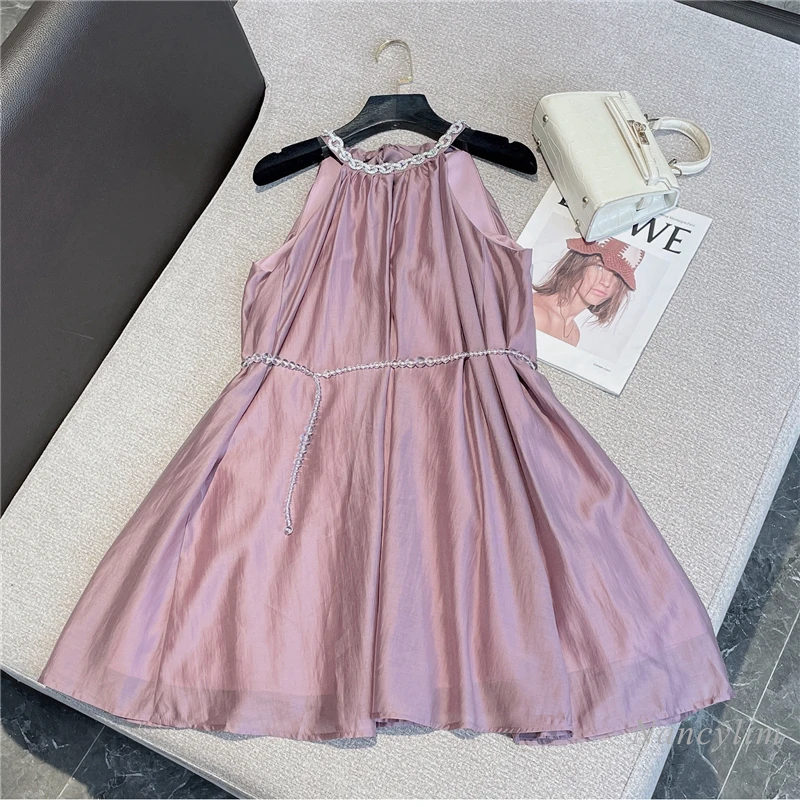 

2022 Summer New Gentle Elegant Lady Style Dress Shinny Rhinestone Chain Collar Lace Up Slim Fit Sleeveless Chiffon Dresses