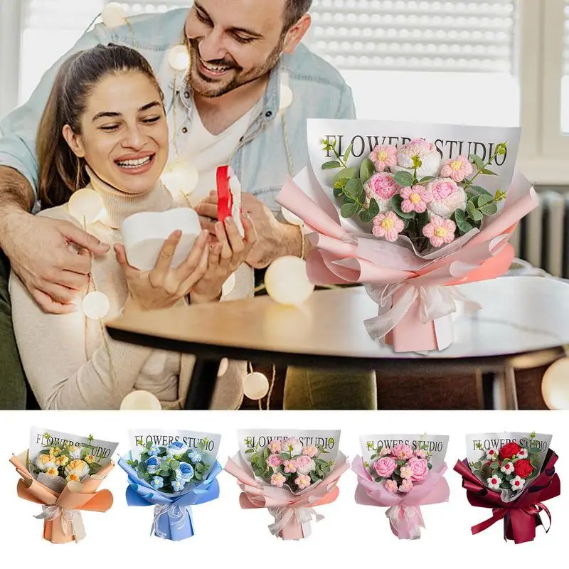 

Букет из искусственных роз, вязаный крючком букет из вечных искусственных цветов ручной работы для дня рождения, свадебной вечеринки