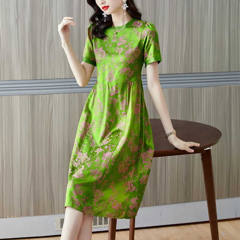 

Summer Floral Silk Fashion Lightweight Midi Dress Women's Boho Casual Loose Waist Party Dress 2023 New Korean Style Retro Beach