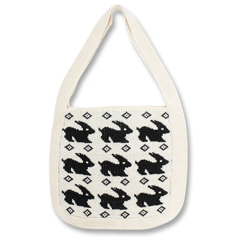

Women Vintage Woven Rabbit Big Capacity Soft Slouchy Pouch Bag Female Cottage Retro Shabby Chic Crochet Knitted Hobo Side Bag