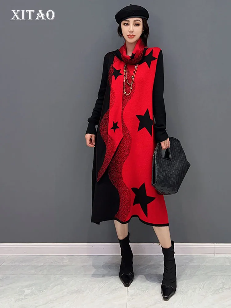 

XITAO Casual Knitted Dress Loose Personality O-neck Fashion Full Sleeve Contrast Color Spliced Women Temperament New WLD13172