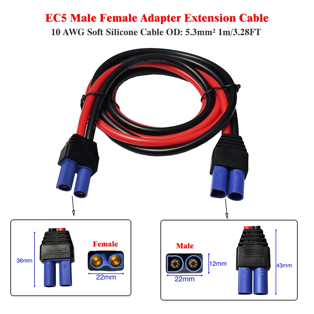 

JKM EC5 Adapter Extension Cable 10AWG Silicone Line 3.3FT EC5 Male Female Connector Emergency Start Power Plug Car Accessories