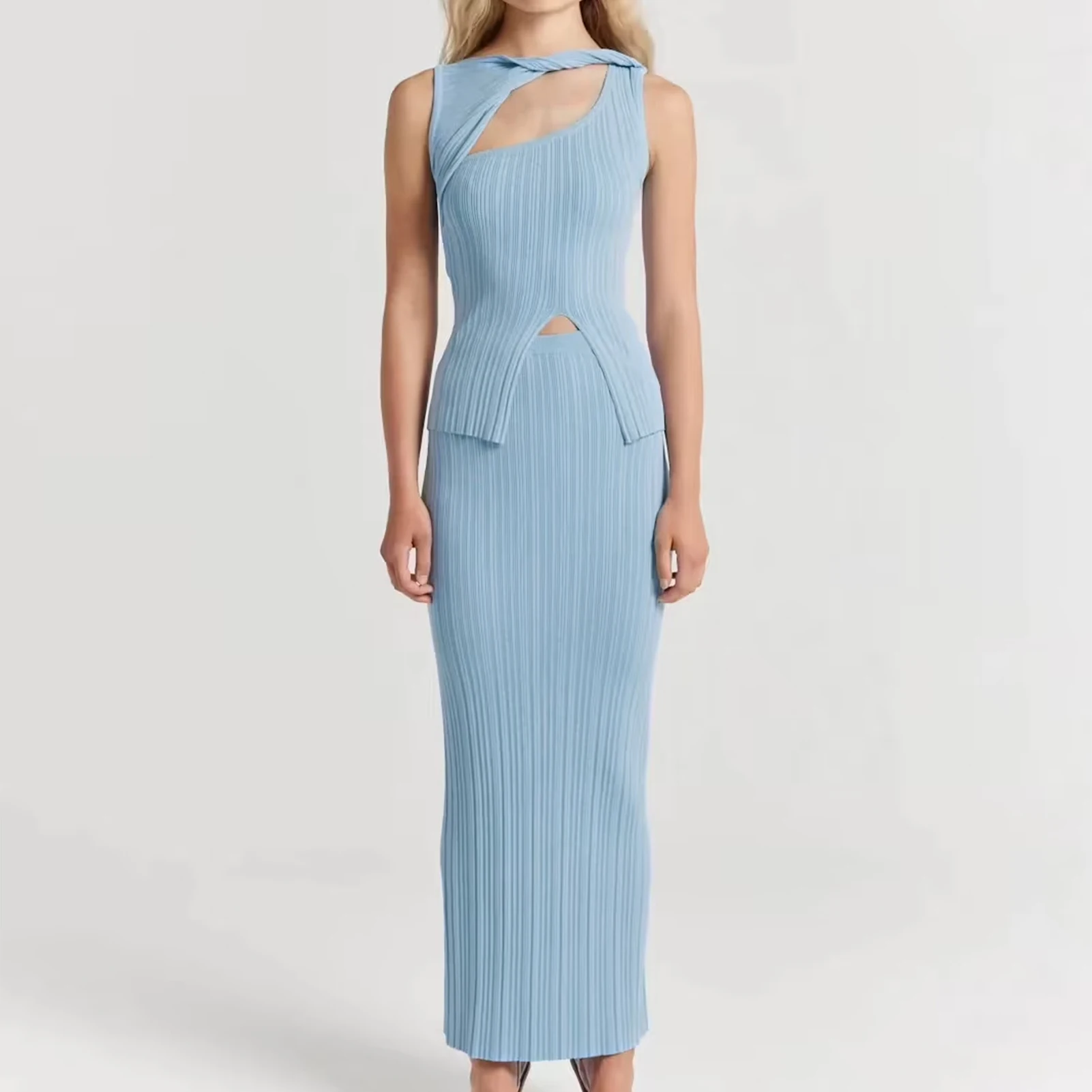 

Women Elegant Top Maxi Skirt Irregular Twisted Ladies Bodycon Tops Skirt Sexy Style Solid Color Sleeveless Vacation Outfit