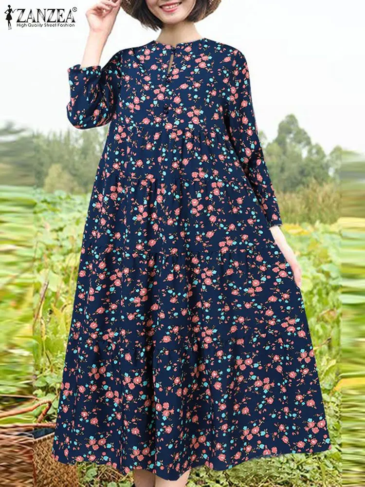 

ZANZEA Casual Loose Pleated Tiered Long Robes 2023 Summer Floral Print Buttons Midi Dress Women 3/4 Sleeve Round Neck Sundress
