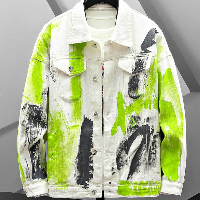 

Men's Printed Denim Jacket, Casual Cotton Street Clothes, Shorts Style, Loose, Coat, Spring, 2022