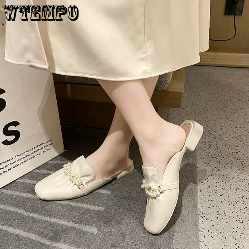 WTEMPO Leather Sandals Summer Women Casual Slippers Fashion Wear Single Shoes Girl Pearl Square Heel Half Slippers Dropshipping