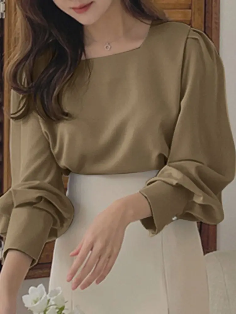 

Women Long Puff Sleeve Pleated Tops VONDA Casual Square Neck Blouse Ladies Solid Color Puff Sleeve Korean Style Tops Oversize