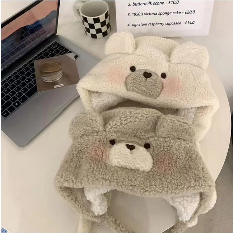 

2023Women's Winter Hat Solid Beanies Cute Bear Ears Warm Hat Windproof Cap Earflap Hat Female Girls Lamb Hair Caps Outdoor