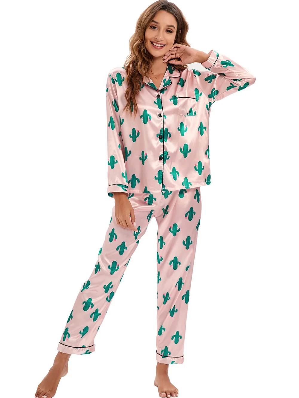 

Womens Warm Satin Pajamas Print Cactus Long Sleeve Sleepwear Silky Soft Button Down Loungewear Loose Leisure Nightie PJ Set