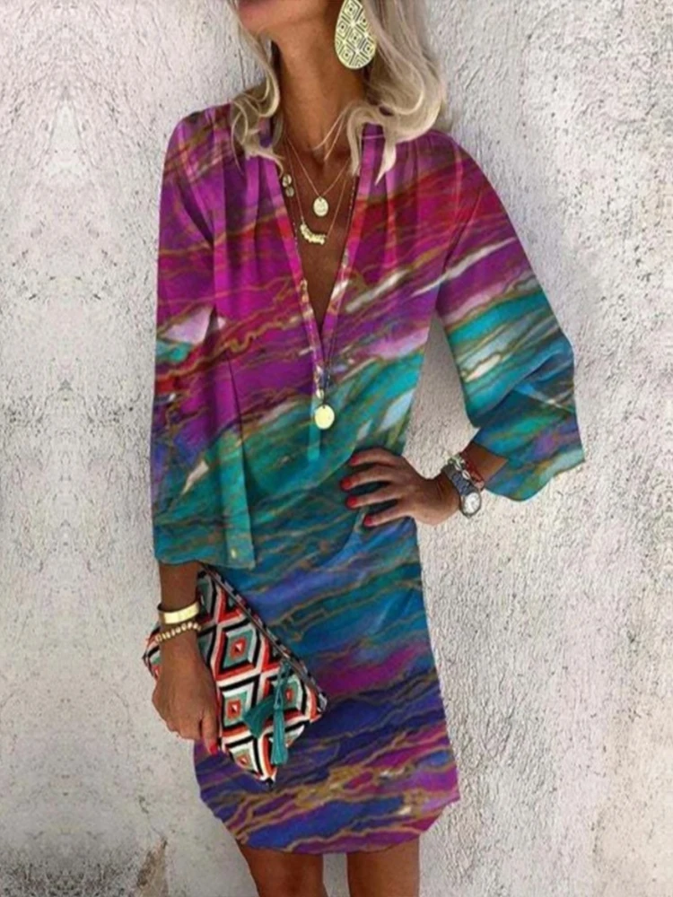 

Женское повседневное мини-платье с V-образным вырезом, коротким рукавом и принтом