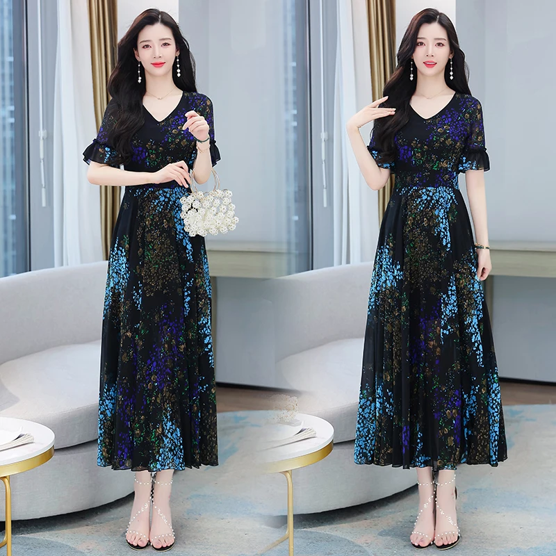 Женское шифоновое платье с коротким рукавом длинное в стиле бохо V-образным