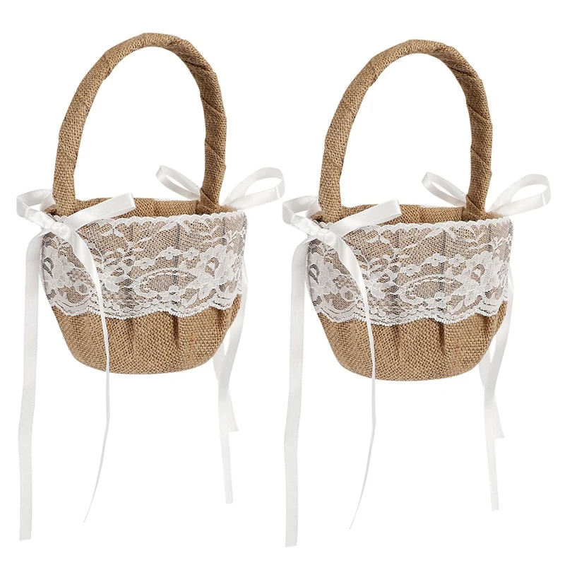 

2X Vintage Rustic Wedding Ceremony Hessian Burlap And Lace Flower Girl Basket