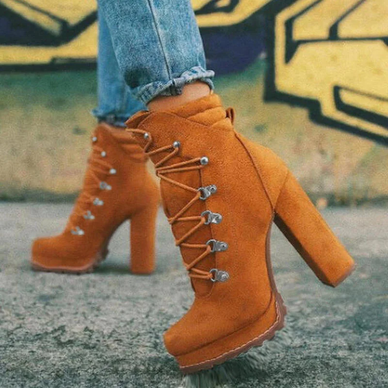 2022 Women Flock Rivet Ankle Boots Female Square High Heels Autumn Fashion Sexy Lace-Up Shoes Ladies Retro Footwear Plus Size 43