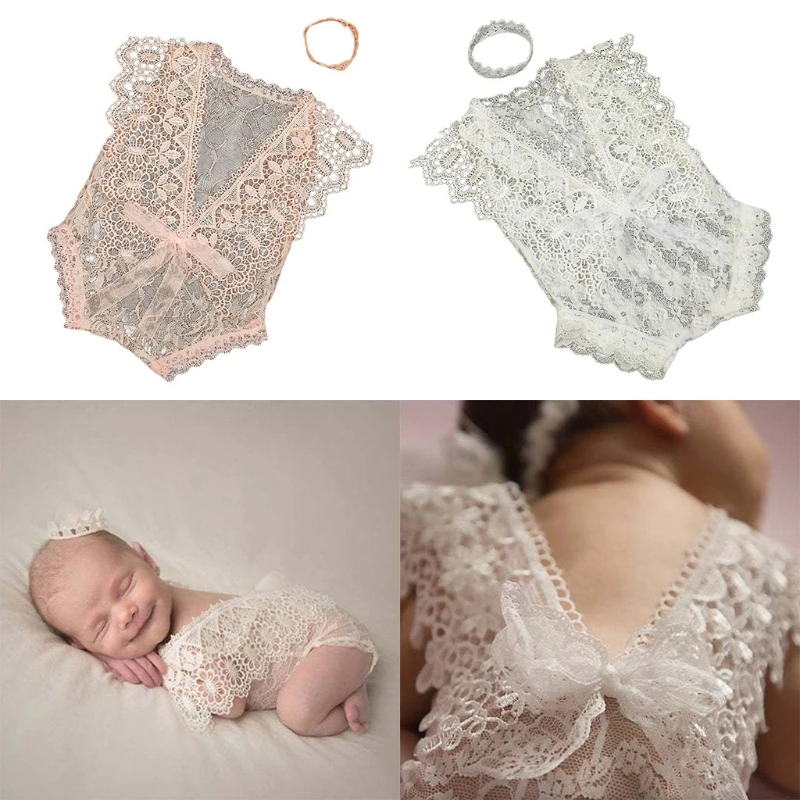 

New 2 Pcs/Set 0-1Month Newborn Photography Props Baby Crown Headband Lace Hollow out Romper Bodysuits Outfit Costume