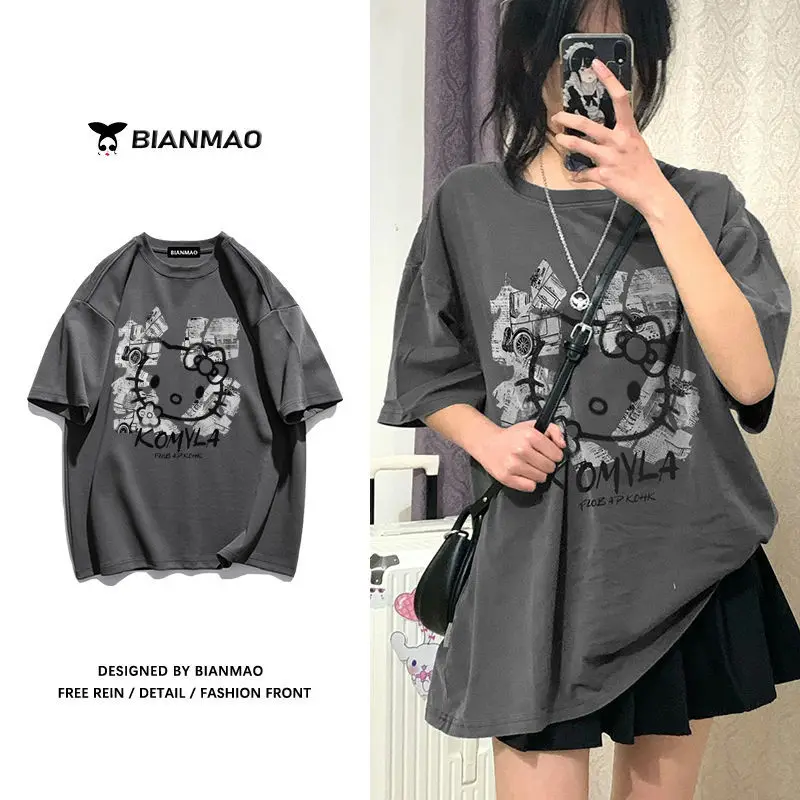 

Kawaii Sanriod аниме хобби Китти летние новые Can соль милые хлопковые с короткими рукавами женские свободные повседневные сто с топами