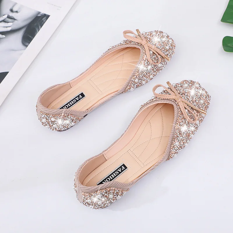 2022 New Summer Women Sandals Diamond Soft Sole Shoes Fashion Bowtie Square Toe Slip on Flats Spring Woman Loafers Luxury Shoes