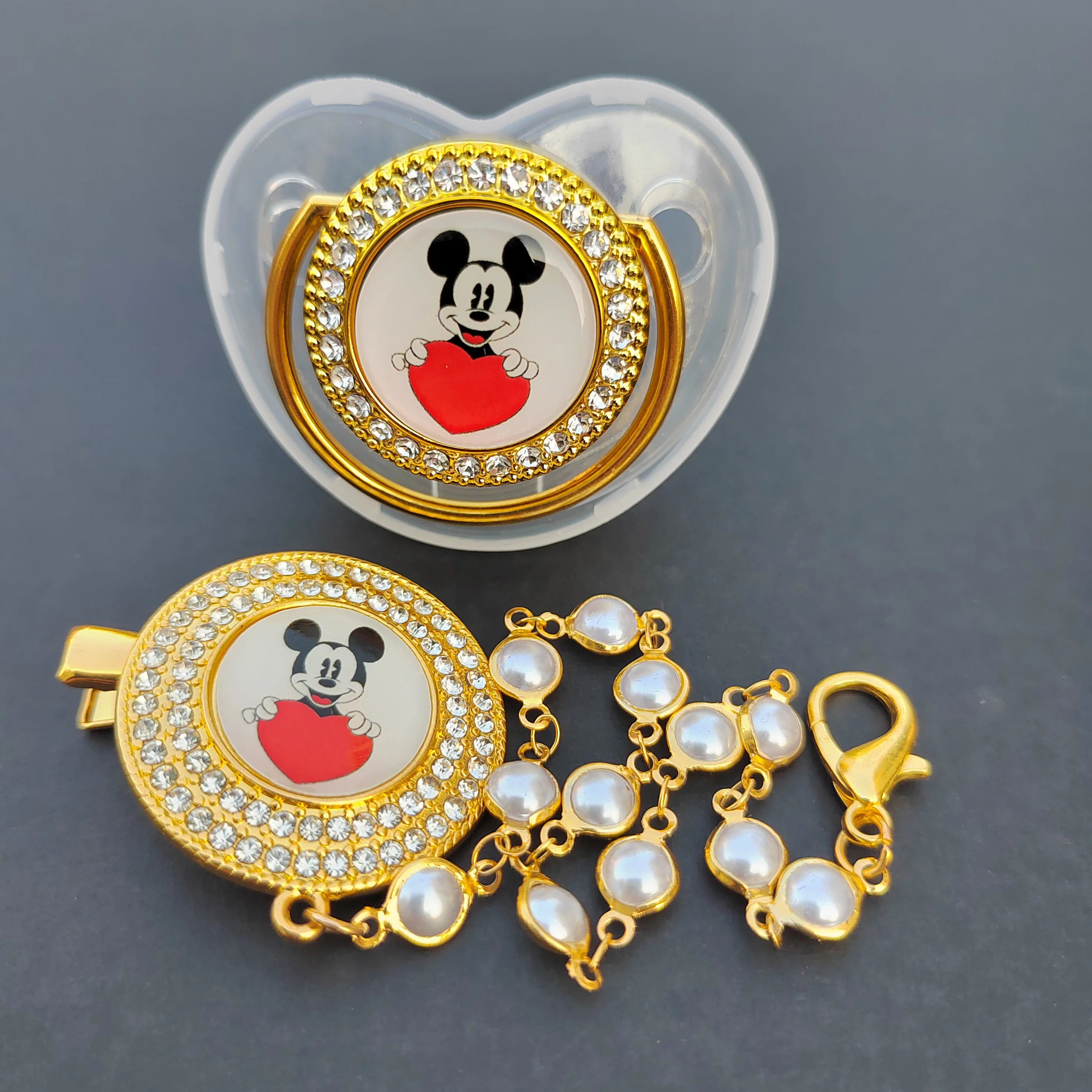 

Disney Deluxe Baby Pacifier with Pearl Chain Clip Newborn Mickey Mouse Heart 7 Colors BPA Free Bling Fake Pacifier Chupete 0-24M