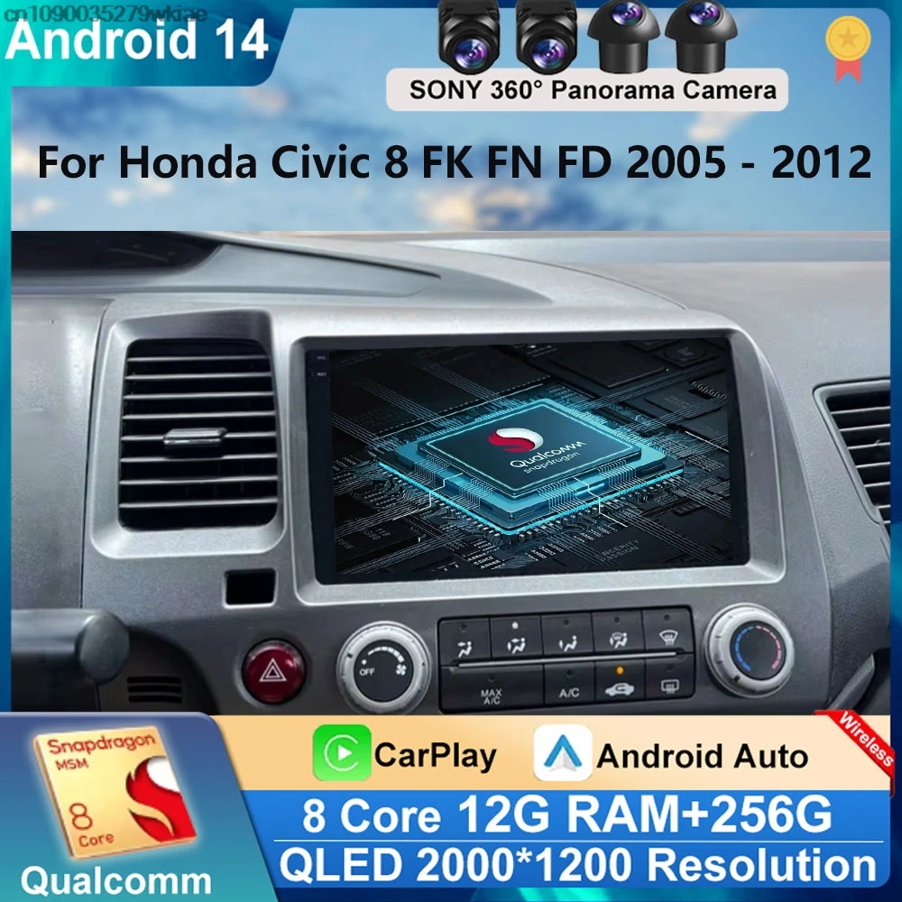 Andoird 14 Автомобильный радиоприемник для Honda Civic 8 FK FN FD 2005-2012 Мультимедийный DVD GPS 4G LTE