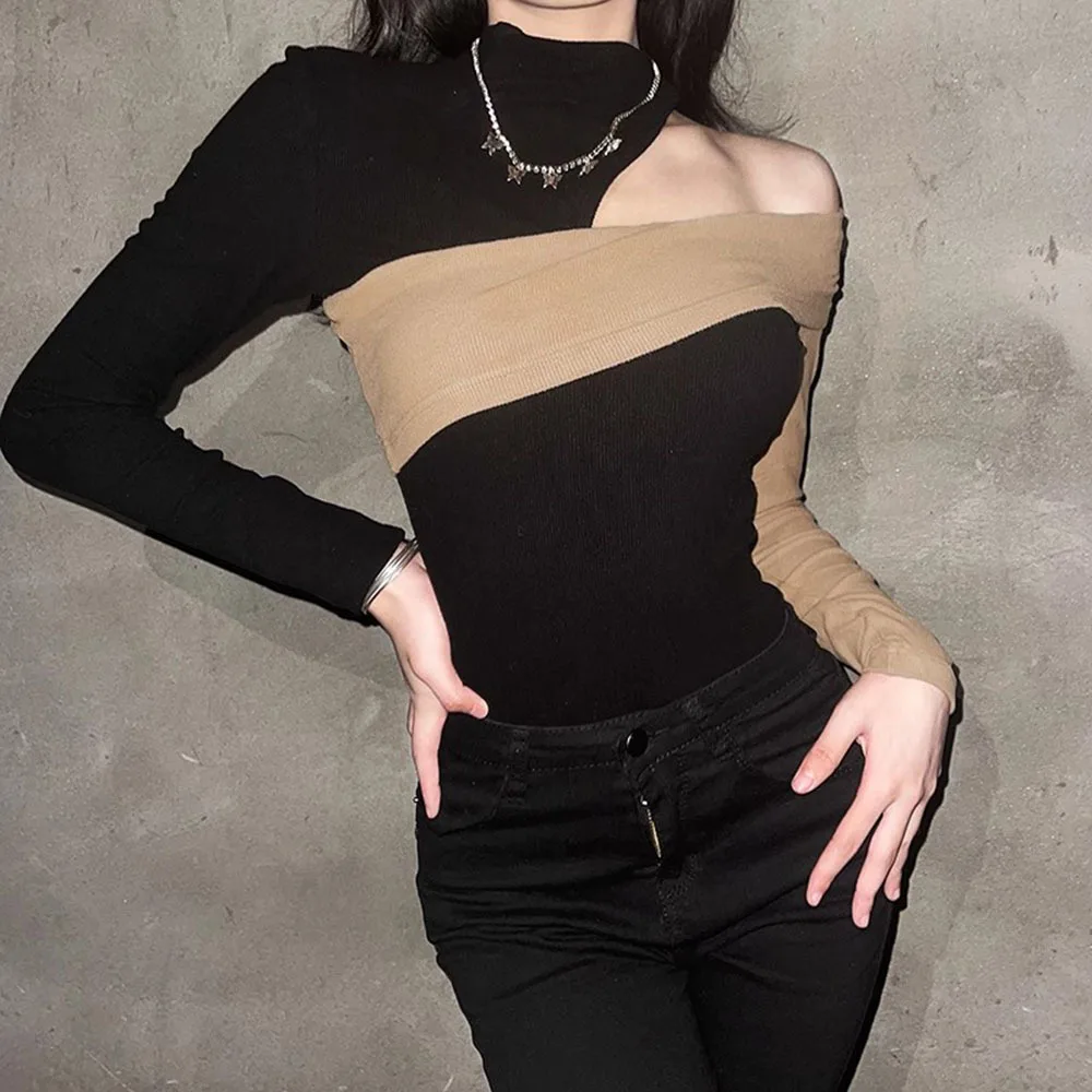 

Autumn Long Sleeve Cropped T-shirt Women Sexy Top Aesthetic Club Fairy Grunge Black T-Shirt Y2k Crop Top Egirl Off Shoulder Tees