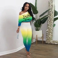 summer casual two piece set women fashion gradient letter printing diagonal collar tshirt tight long pants two piece suit women