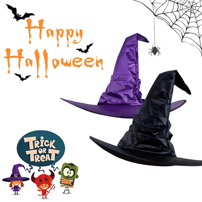 

Hot Sale Halloween Black Wrinkled Witch Hat Adult Children's Cosplay Props Magician Curved Horn Hat