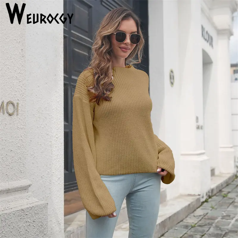 

Autumn Winter Women's Solid Color Fashion Leisure Loose Elegant Knit Tops Sweater Lantern Sleeve Half Turtleneck Female Pullover