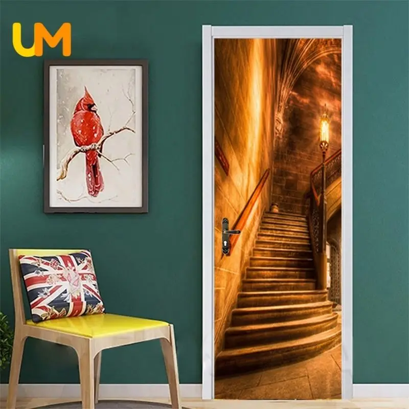 

Nordic Classic Staircase 3D Door Wallpaper Mystery Movie Stairs Door Sticker Horror PVC Self-adhesive Elevator Door Wallpaper
