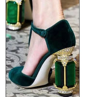 latest wedding shoes bride crystal italian shoes green suede chunky high heel pumps pointed toe office normal heels