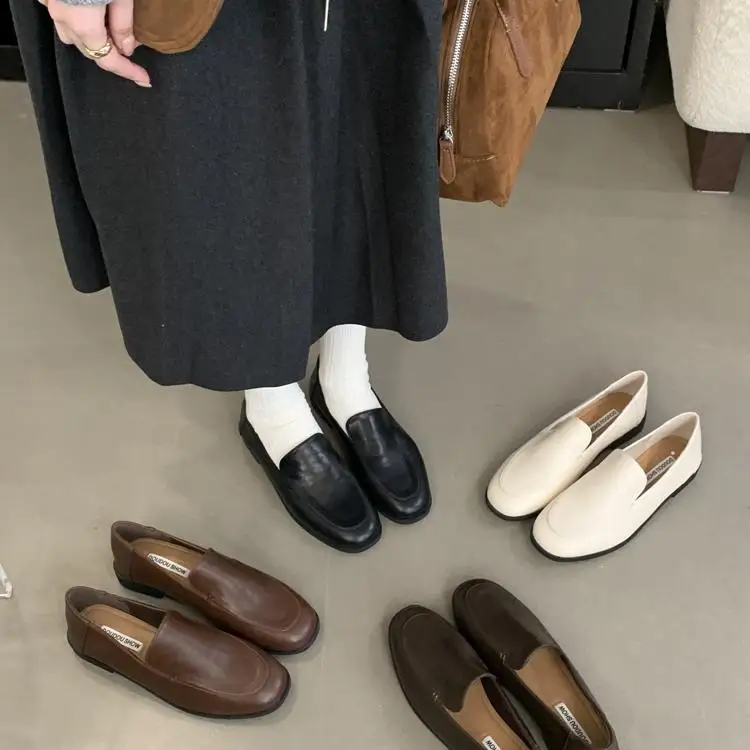 Туфли женские с круглым носком мягкие лоферы без застежки мехом оксфорды удобная