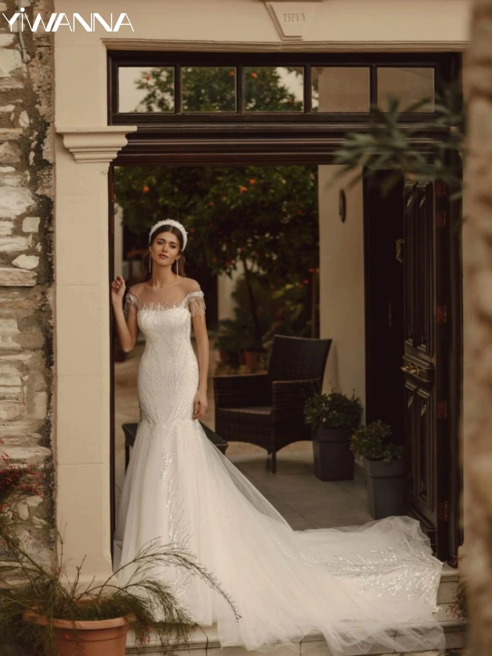 

Simple O-neck Short Sleeve Wedding Dress Sparkly Sequins Bride Robe Graceful Mermaid Long Bridal Gown Robe De Mariée