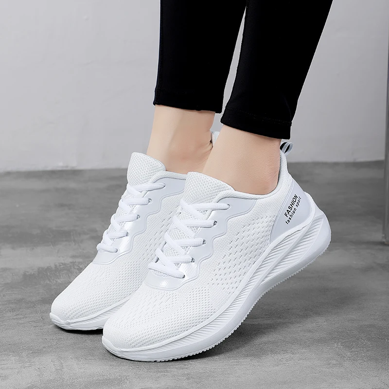 Sneakers Ladies Walking Shoes Lightweight Lace Up Outdoor Sneakers Mesh Breathable Flats White Tennis Shoes Mesh (Air mesh)