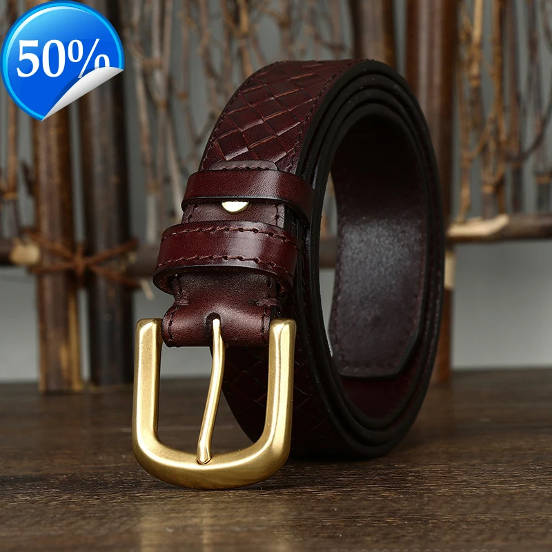 3.8cm Width Weaving Belt Copper Buckle Designer Cowskin Genuine Leather Belts For Men Woven Male Strap Braided Belt for Jeans