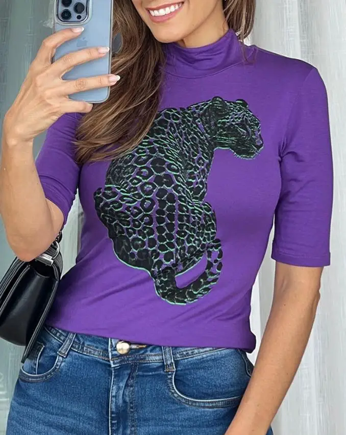 

Temperament Commuting Top Women 2023 Summer Fashion VLeopard Print Mock Neck Casual T-Shirts Pullover Tee Top Y2K Clothing