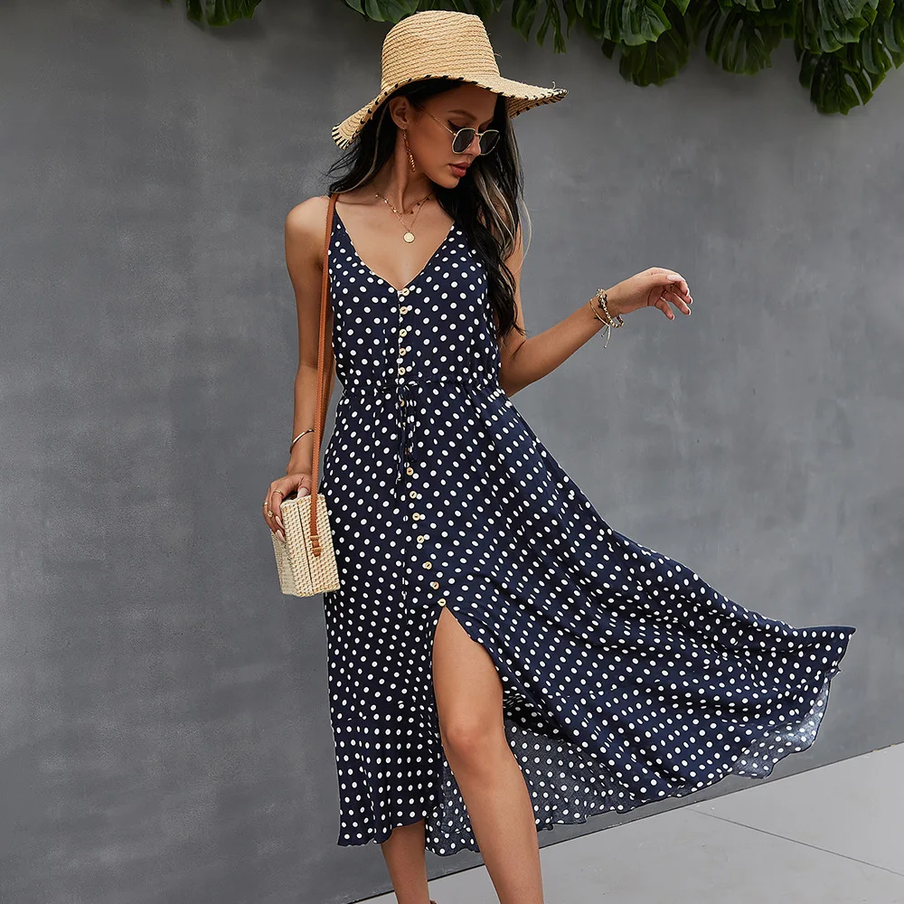 

summer women Dress 2022 Slim Waist Big Swing Temperament Commuting Dress Vintage Dots Printed Front Split Spaghetti Strap Dress