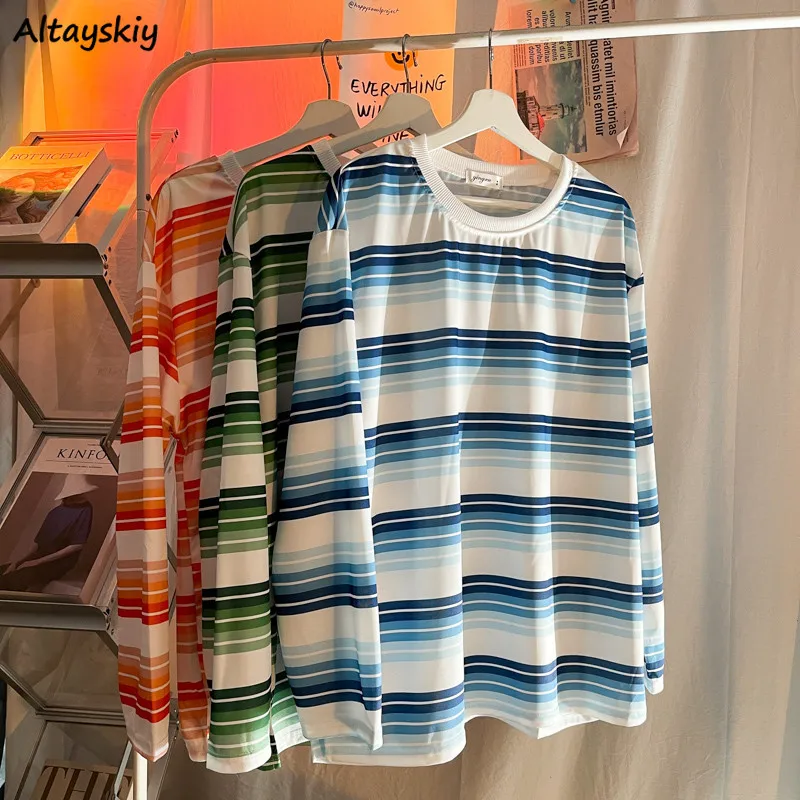 

Long Sleeve T-shirts Women Spring Candy Color Lovely Kawaii Striped O-Neck Simple Fit College Korean Style All-match Teens Sweet