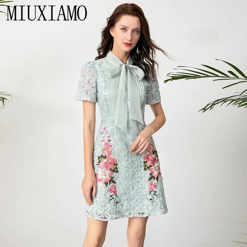 

MIUXIMAO 2022 High Quality Spring&Summer Elegant Dress Short Sleeve Bow Embroider Fashion Mini Dress Women Vestides