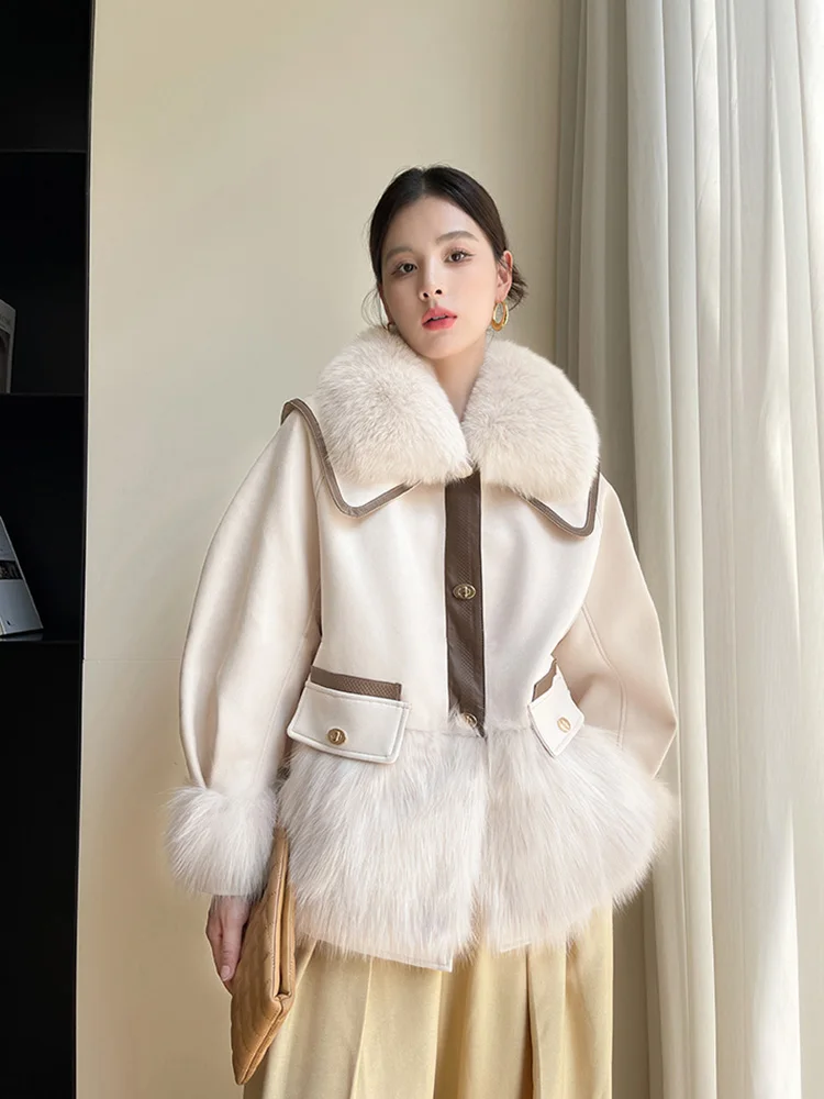 New Women Real Fur Coat Autumn Winter Fashion Casual Thick Warm Fox Fur Collar Double-faced Fur Suede Jacket Loose Outerwear