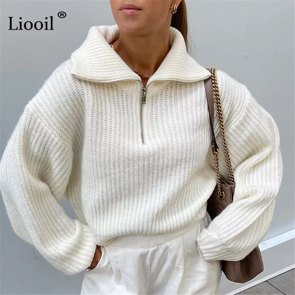 

White Knitted Baggy Sweater Sexy Zip Up Pullover Female Jumpers 2021 Autumn Long Sleeve Streetwear Knitwear Sweaters Loose Tops