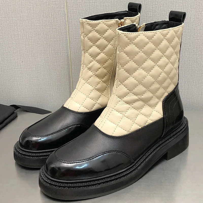 

Women Short Boots Autumn Winter New Genuine Leather Upper Color Block Round Head Ankle Boots Simplicity Versatile Female Shoes