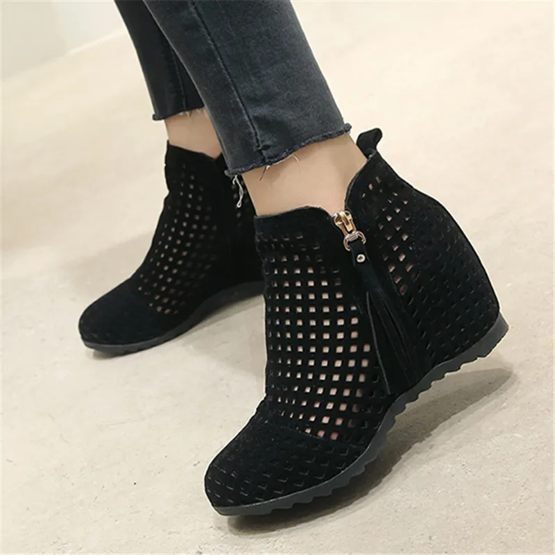2023 New Women Summer Boots Flat Low Hidden Wedges Cutout Zip Bootas Ladies Dress Casual Shoes Hot Sale Size 34-43 Botas Mujer
