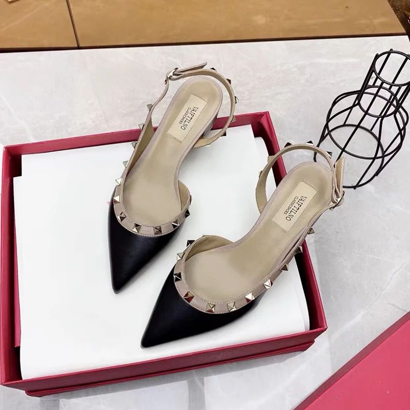 Real Leather Women's Sandals Summer 2023 Luxury Brand Woman Shoes Fashion Casual Rivets Shoes Designer Chunky Heel Ladies Shoes