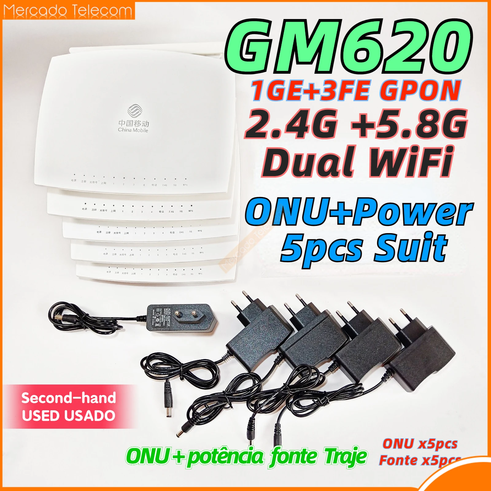 

GM620 GPON ONT ONU FTTH двухдиапазонный волоконно-оптический маршрутизатор 1GE + 3FE + 1 горшок + 2USB + 2,4G/5G + двойной Wi-Fi английская версия б/у с питанием
