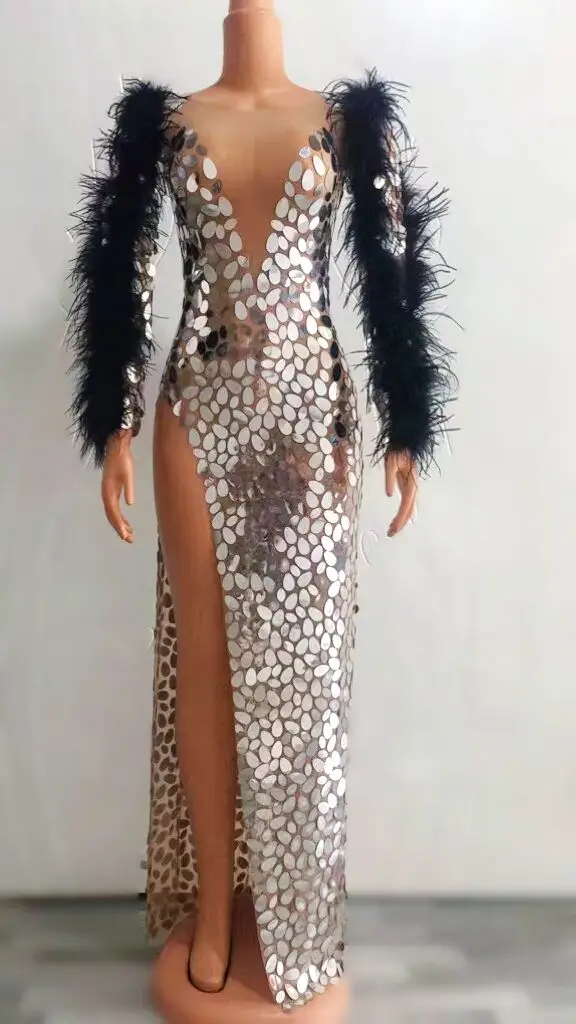 

Black Feather Sleeves Silver Sequins Split Evening Long Dress Birthday Celebrate Lady Costume Prom Party Show Stage Wear