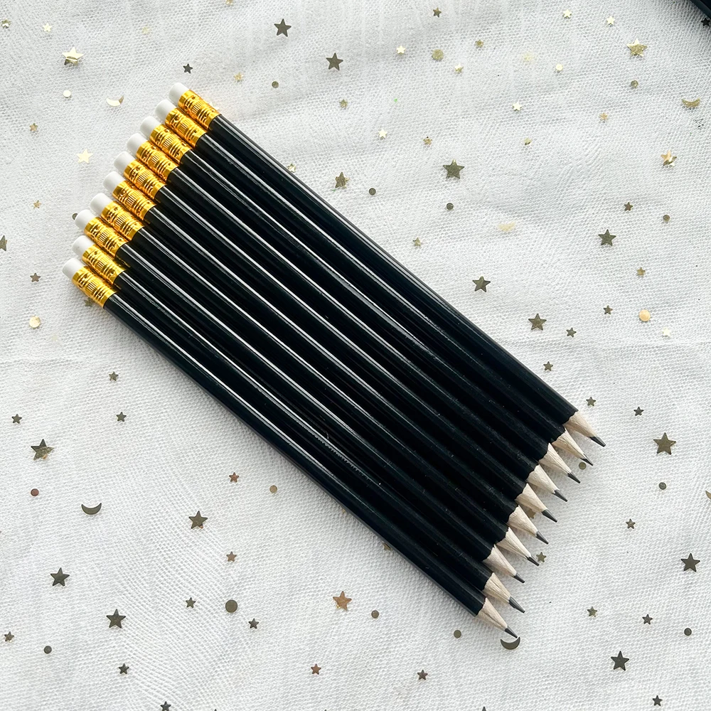 

10 шт., новинка, дерево, черная искусственная кожа, милые канцелярские принадлежности, Серебряный карандаш с ластиком, школьные принадлежности, канцелярские принадлежности, Школьные Аксессуары