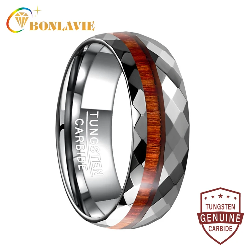 

BONLAVIE 8mm Tungsten Carbide Steel Ring Wood Polished Geometry Rhombus Surface Grain Multi-Faceted Rings Wedding Bands Jewelry