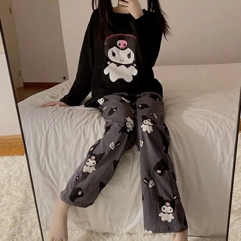 Kawaii Kuromi 2 шт. Пижамный костюм Sanrio понравико Женские аниме брюки с длинным рукавом