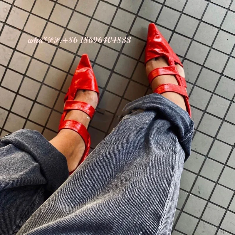 

Fashion Design Red Retro Pointed Toe Low-heeled Sandals Sexy Plain Tapered High-heeled Hollow Banquet Roman Ladies Shoes